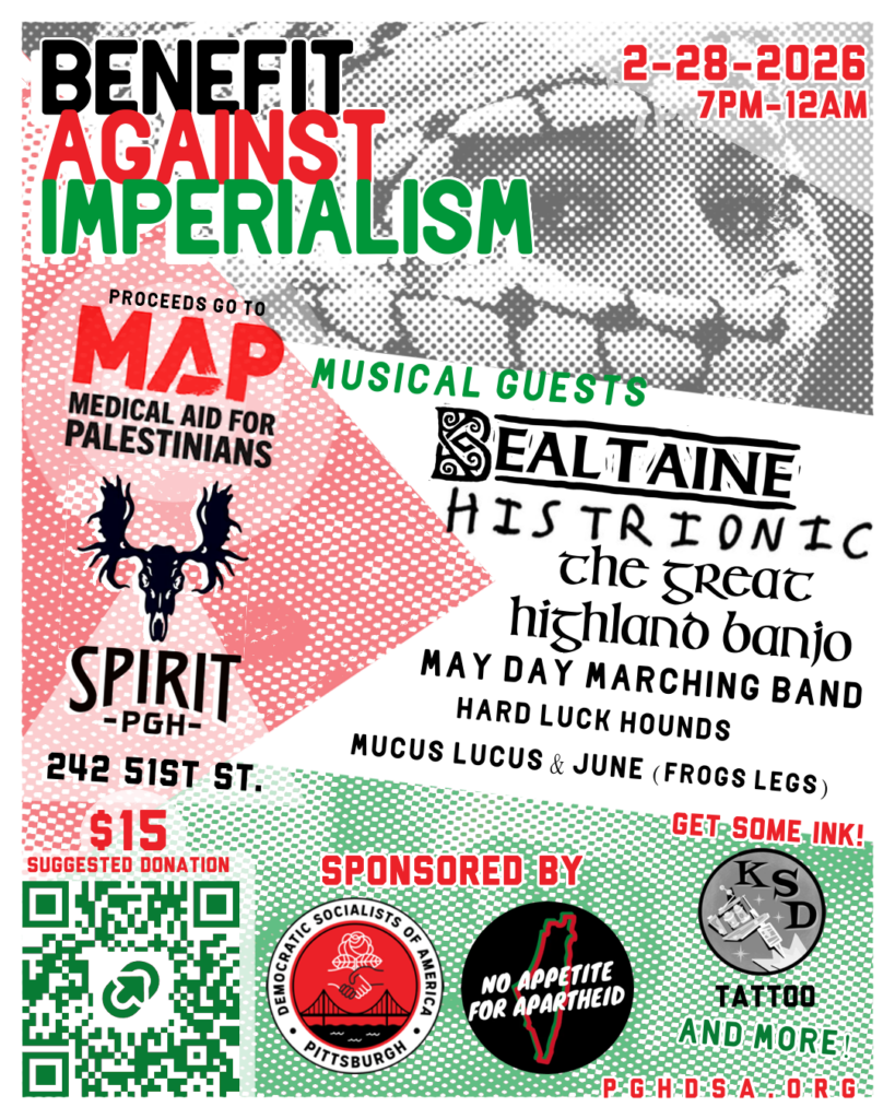 A red, green, black, and white poster with dithered patterns on the color blocking and the image of a women's eyes peering through a keffiyeh scarf worn over her face. Text says Benefit Against Imperialism with details included in the text of the webpage.
